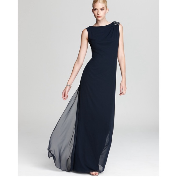 Tadashi Shoji Full Length Embellished Shoulder Open Back Gown Dress in Navy - Picture 10 of 11